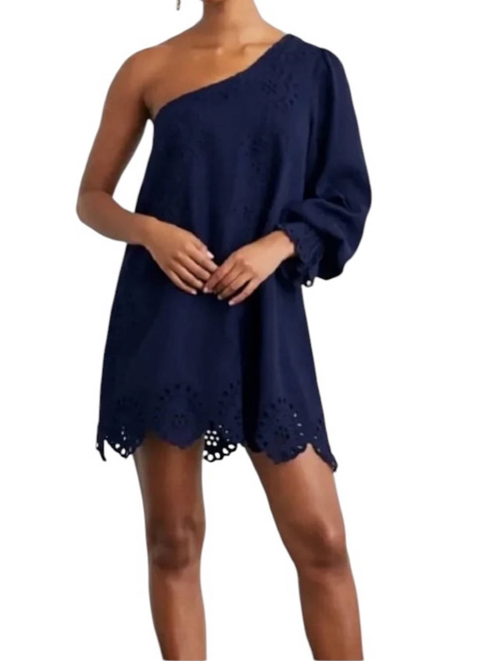 Hill House Mila Navy Linen One-Shoulder Long‎ Sleeve Eyelet Dress NWT